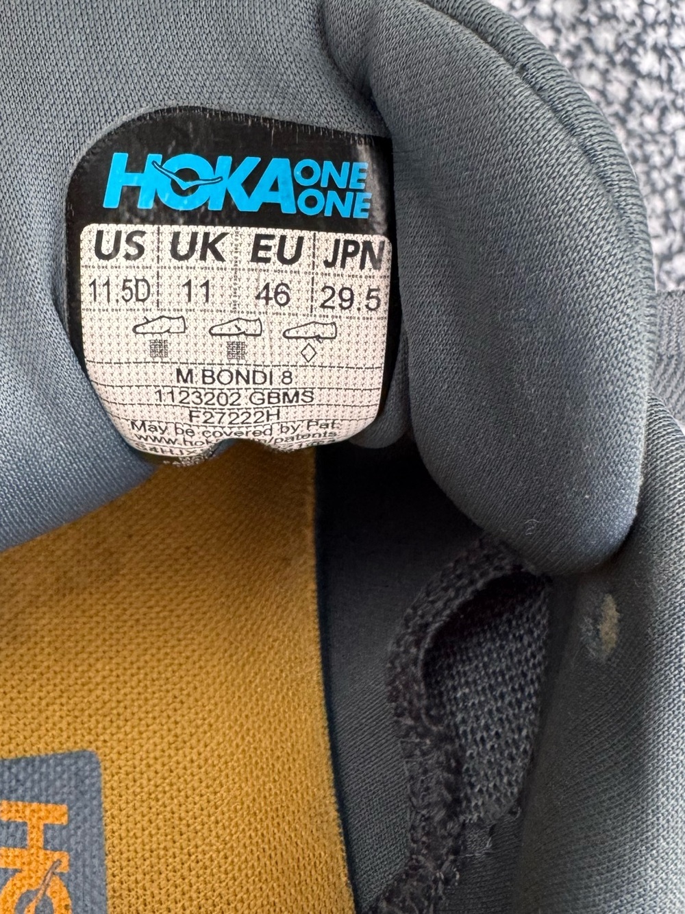 Hoka Bondi 8 Mens Running Shoes Goblin Blue Yellow Gray Max Cushion Size 11.5 D - Picture 10 of 12